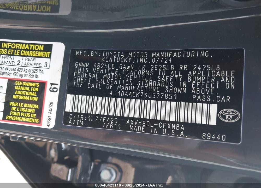 2025 TOYOTA CAMRY LE VIN: 4T1DAACK7SU527851