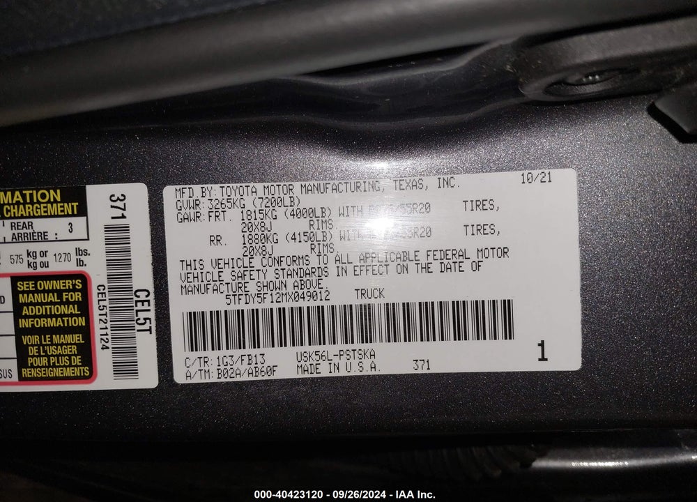 2021 TOYOTA TUNDRA SR5 VIN: 5TFDY5F12MX049012