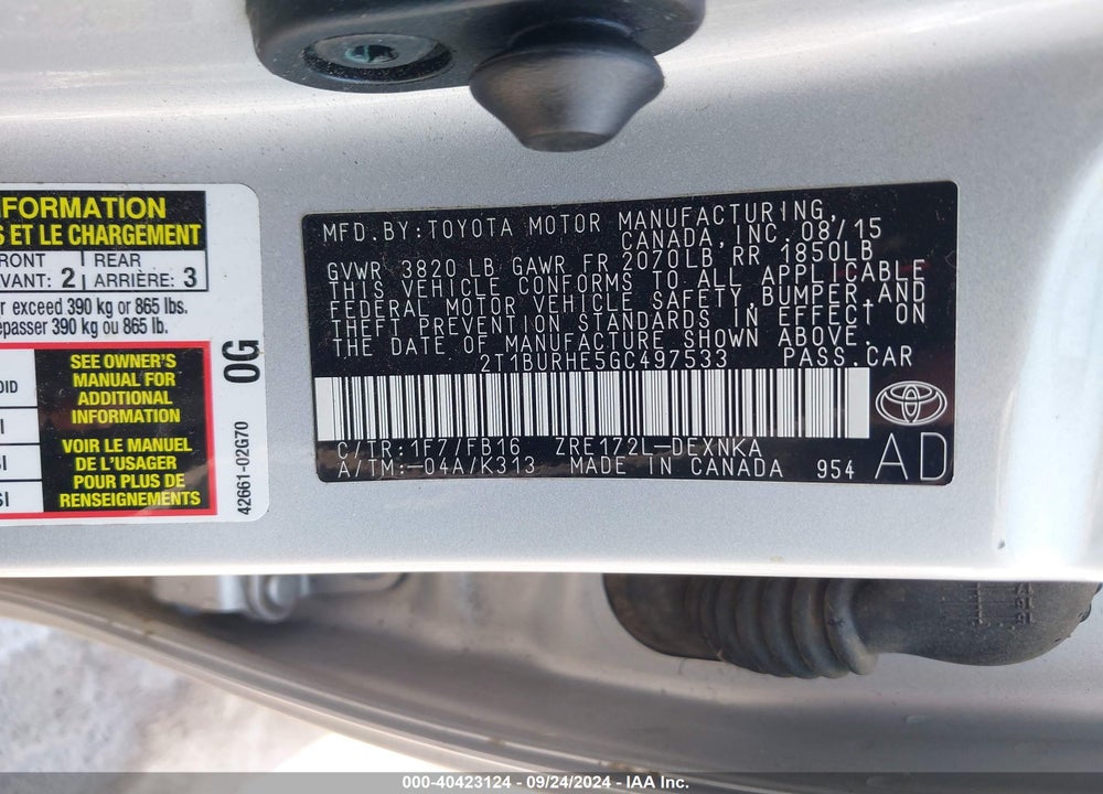 2016 TOYOTA COROLLA LE VIN: 2T1BURHE5GC497533