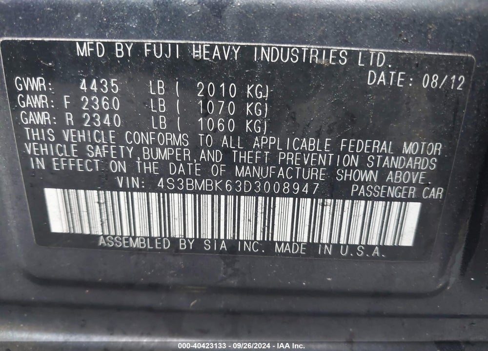 2013 SUBARU LEGACY 2.5I LIMITED VIN: 4S3BMBK63D3008947