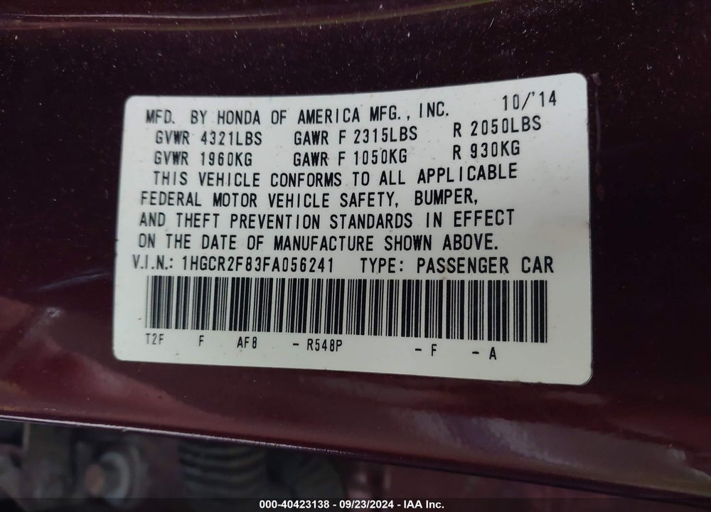 2015 HONDA ACCORD EX-L VIN: 1HGCR2F83FA056241