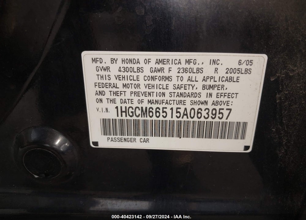 2005 HONDA ACCORD 3.0 EX VIN: 1HGCM66515A063957