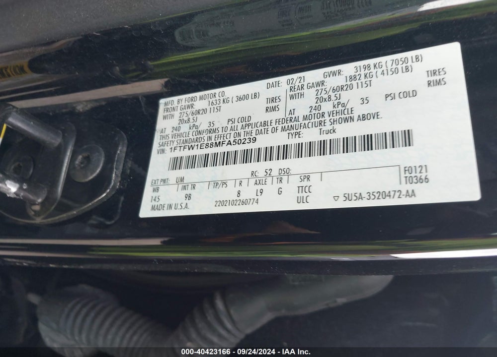 2021 FORD F-150 PLATINUM VIN: 1FTFW1E88MFA50239