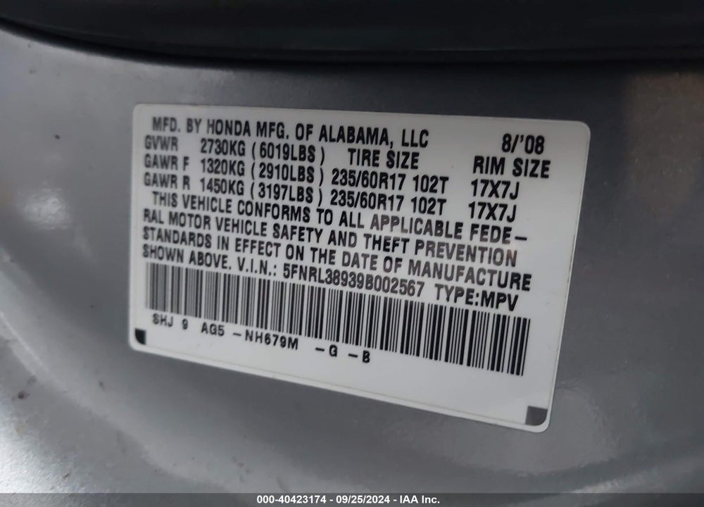 2009 HONDA ODYSSEY TOURING VIN: 5FNRL38939B002567