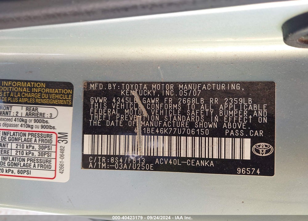 2007 TOYOTA CAMRY LE VIN: 4T1BE46K77U706150