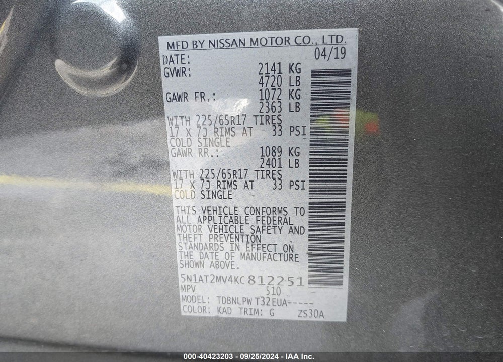 2019 NISSAN ROGUE VIN: 5N1AT2MV4KC812251
