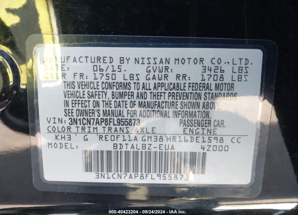 2015 NISSAN VERSA 1.6 SV VIN: 3N1CN7AP8FL955873