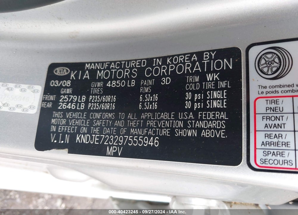 2009 KIA SPORTAGE LX V6 VIN: KNDJE723297555946