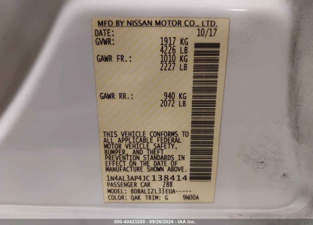 2018 NISSAN ALTIMA 2.5 SV VIN: 1N4AL3AP4JC138414