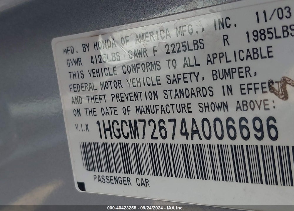 2004 HONDA ACCORD 2.4 EX VIN: 1HGCM72674A006696