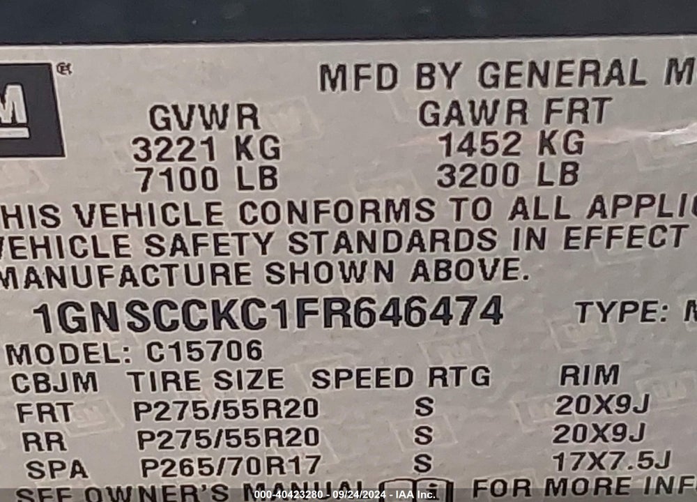 2015 CHEVROLET TAHOE LTZ VIN: 1GNSCCKC1FR646474