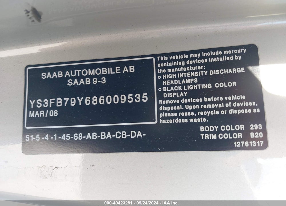 2008 SAAB 9 3 VIN: YS3FB79Y686009535