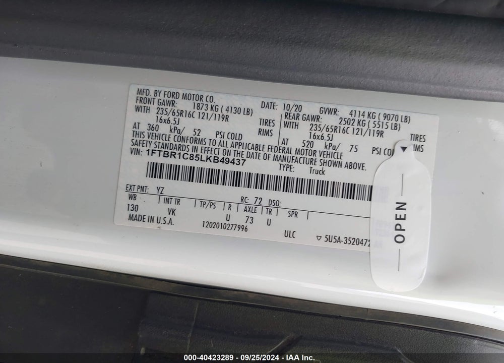 2020 FORD TRANSIT-250 VIN: 1FTBR1C85LKB49437