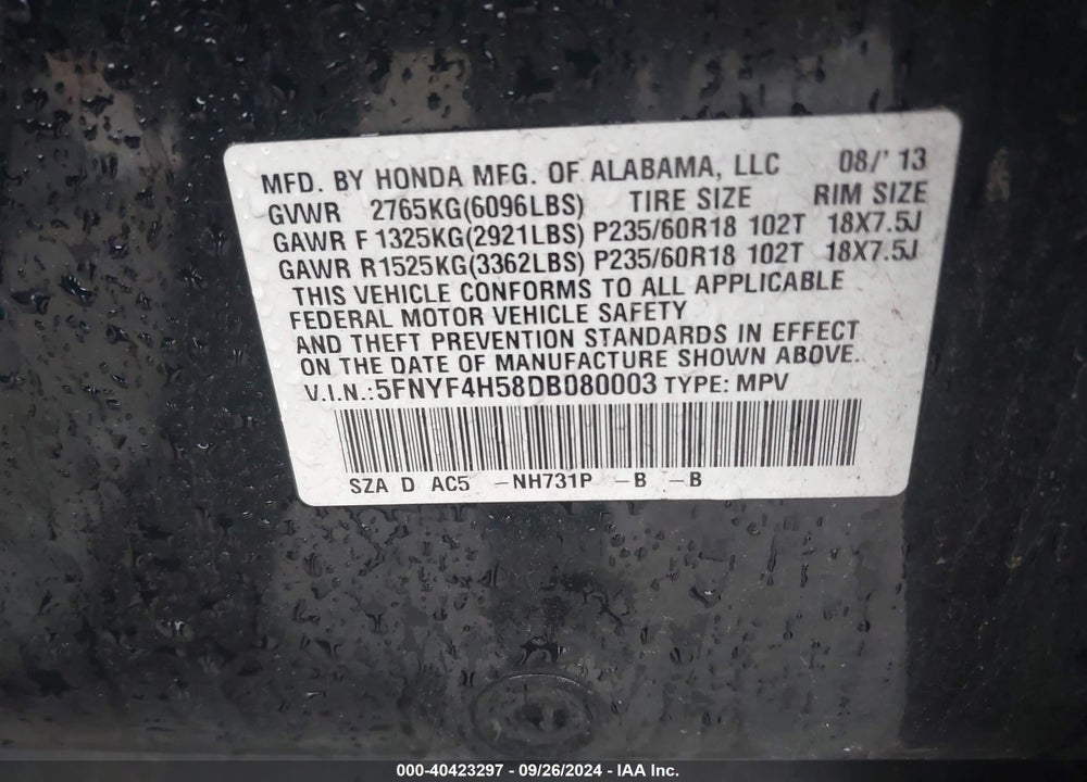 2013 HONDA PILOT EX-L VIN: 5FNYF4H58DB080003