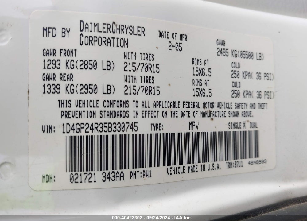 2005 DODGE GRAND CARAVAN SE VIN: 1D4GP24R35B330745