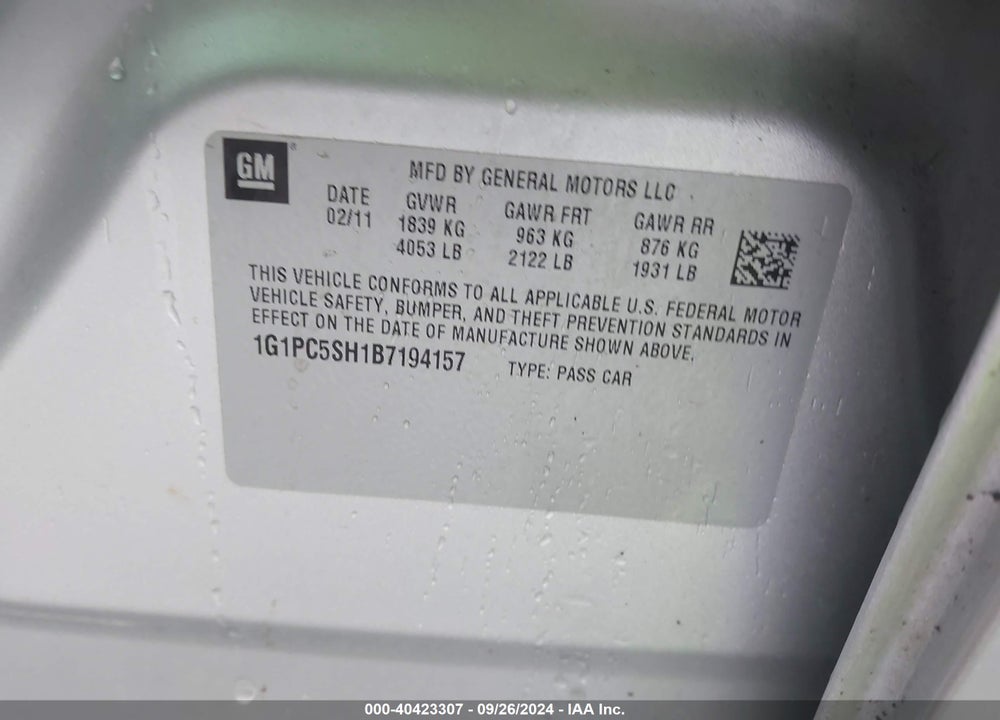 2011 CHEVROLET CRUZE LS VIN: 1G1PC5SH1B7194157
