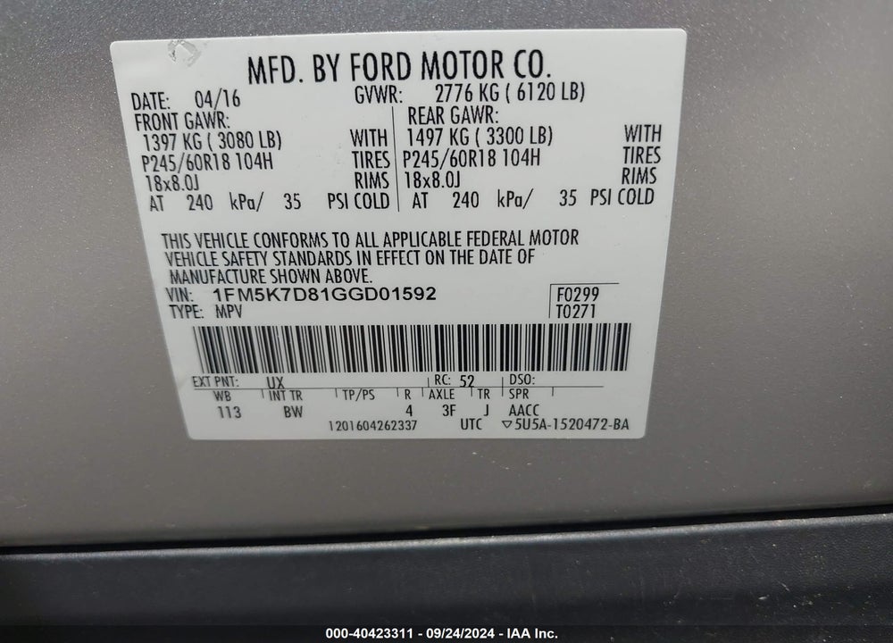 2016 FORD EXPLORER XLT VIN: 1FM5K7D81GGD01592