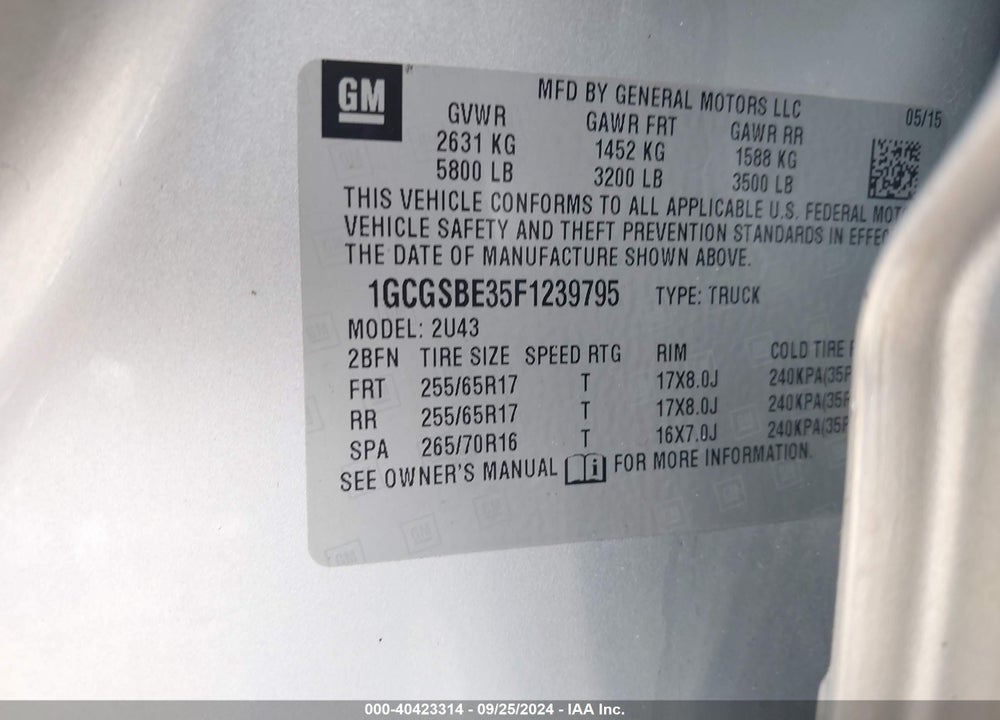 2015 CHEVROLET COLORADO LT VIN: 1GCGSBE35F1239795