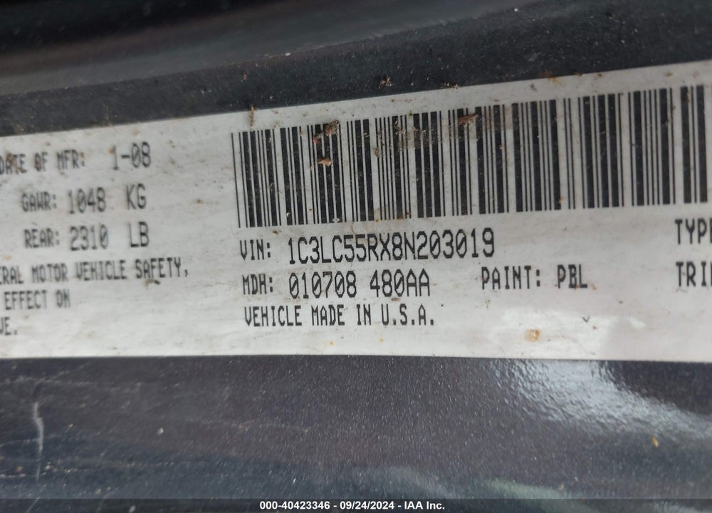 2008 CHRYSLER SEBRING TOURING VIN: 1C3LC55RX8N203019