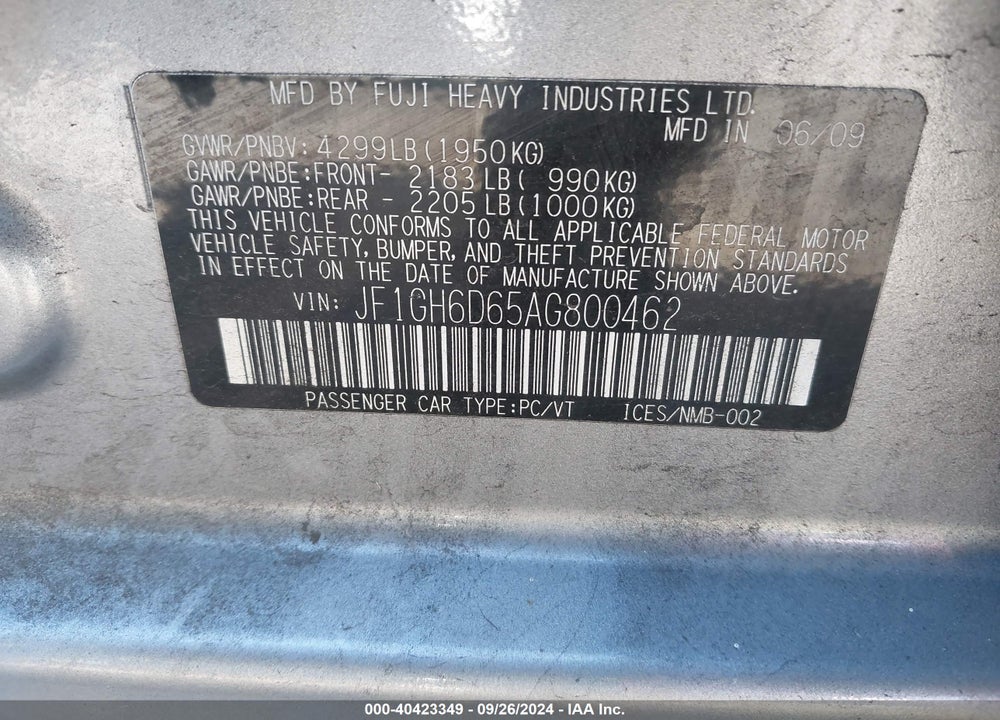 2010 SUBARU IMPREZA OUTBACK SPORT VIN: JF1GH6D65AG800462