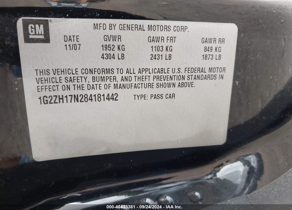 2008 PONTIAC G6 GT VIN: 1G2ZH17N284181442