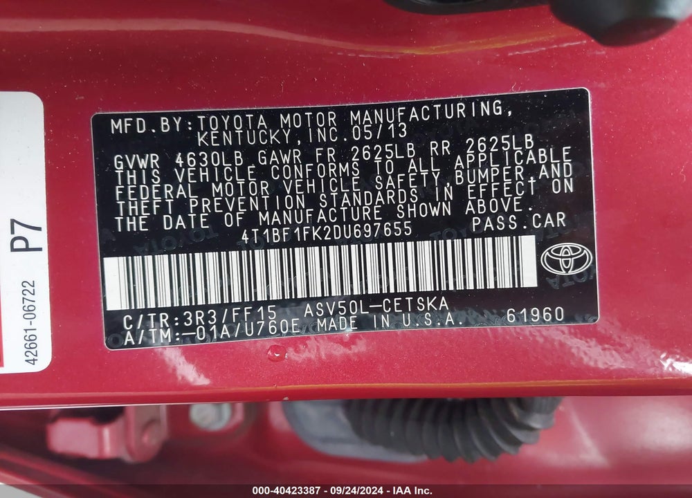 2013 TOYOTA CAMRY SE VIN: 4T1BF1FK2DU697655
