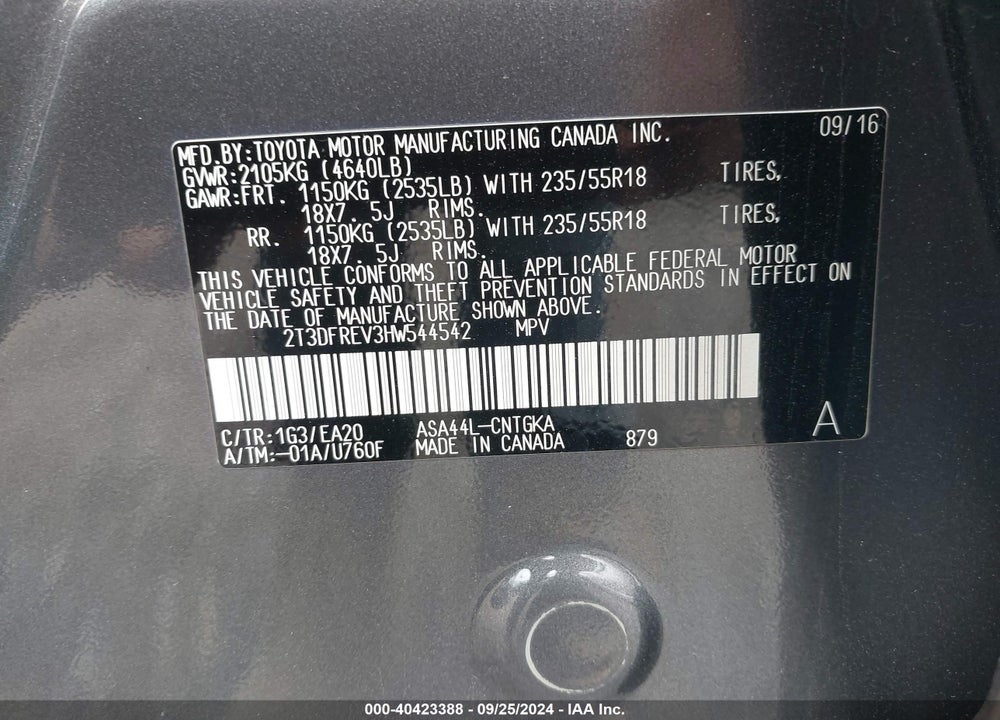2017 TOYOTA RAV4 PLATINUM VIN: 2T3DFREV3HW544542