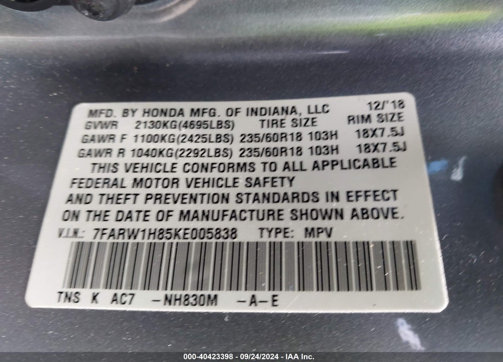 2019 HONDA CR-V EX-L VIN: 7FARW1H85KE005838