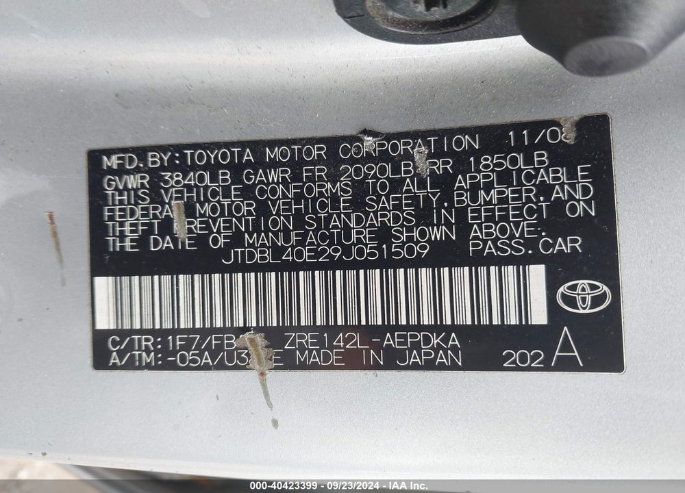 2009 TOYOTA COROLLA LE VIN: JTDBL40E29J051509