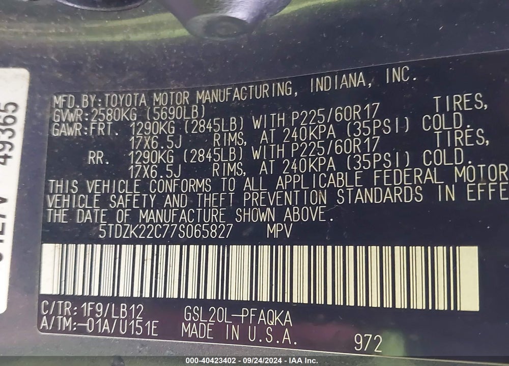 2007 TOYOTA SIENNA XLE LIMITED VIN: 5TDZK22C77S065827