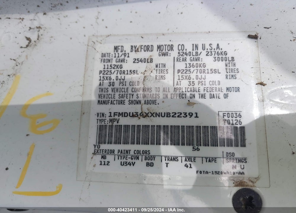 1992 FORD EXPLORER VIN: 1FMDU34XXNUB22391