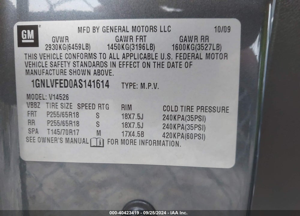 2010 CHEVROLET TRAVERSE LT VIN: 1GNLVFED0AS141614
