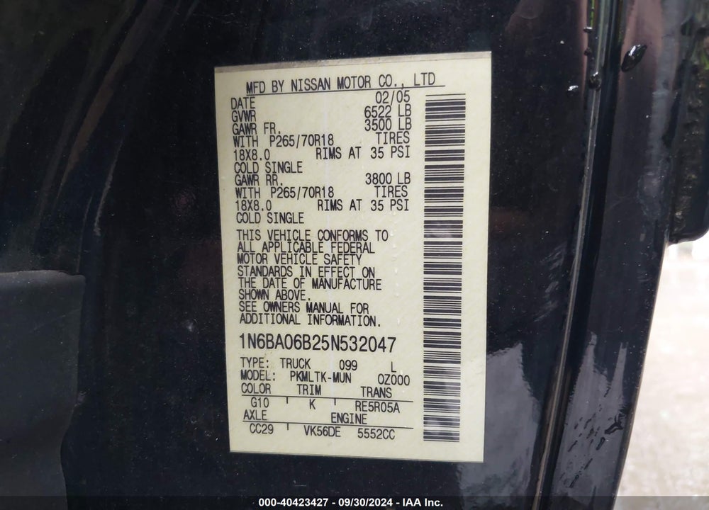 2005 NISSAN TITAN SE VIN: 1N6BA06B25N532047