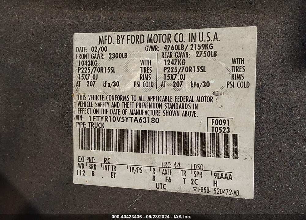 2000 FORD RANGER XL/XLT VIN: 1FTYR10V5YTA63180
