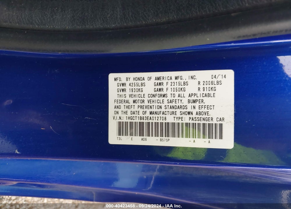 2014 HONDA ACCORD EX-L VIN: 1HGCT1B83EA012708