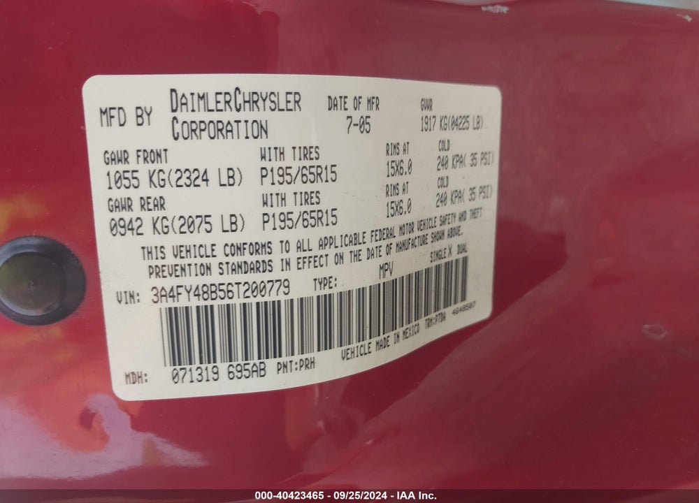 2006 CHRYSLER PT CRUISER VIN: 3A4FY48B56T200779