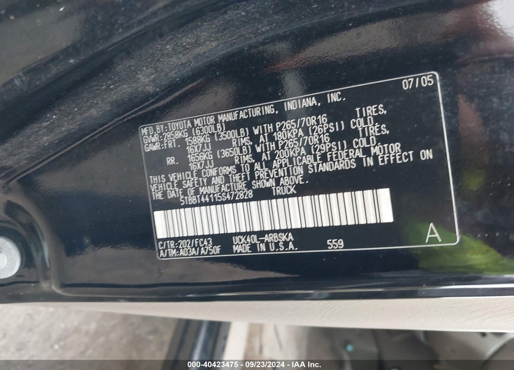 2005 TOYOTA TUNDRA SR5 V8 VIN: 5TBBT44115S472828