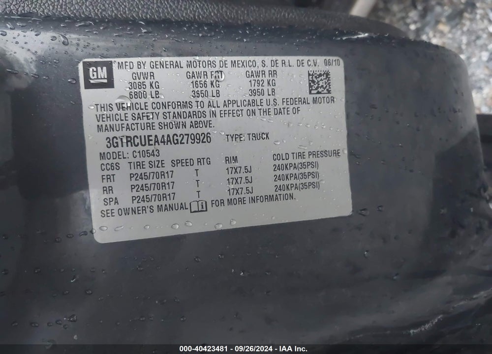 2010 GMC SIERRA 1500 SL VIN: 3GTRCUEA4AG279926