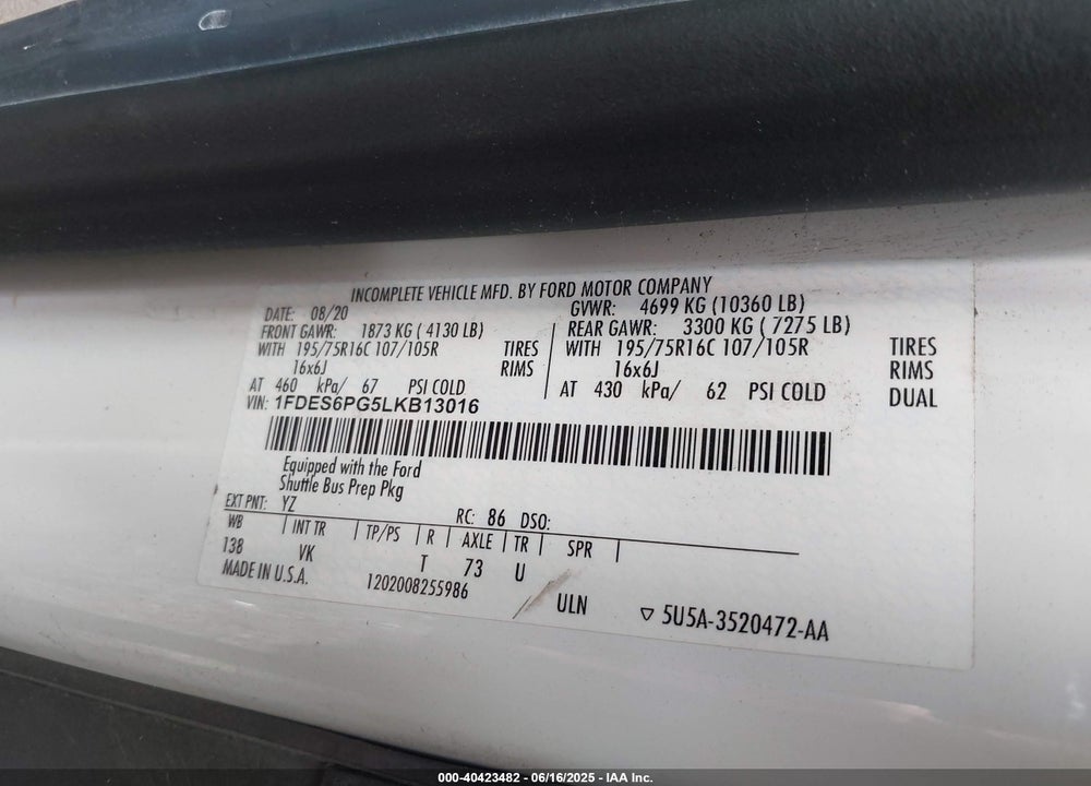 2020 FORD TRANSIT-350 CUTAWAY VIN: 1FDES6PG5LKB13016