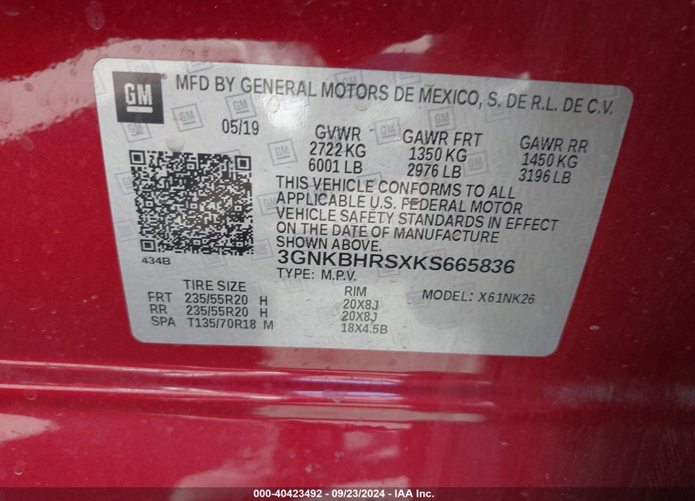 2019 CHEVROLET BLAZER VIN: 3GNKBHRSXKS665836
