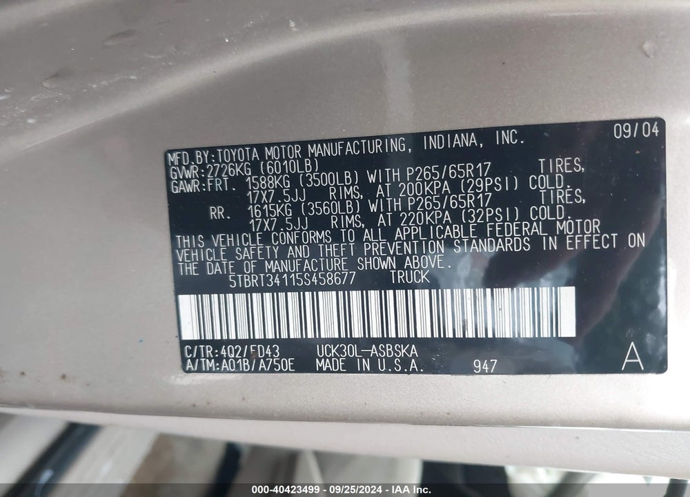 2005 TOYOTA TUNDRA SR5 V8 VIN: 5TBRT34115S458677