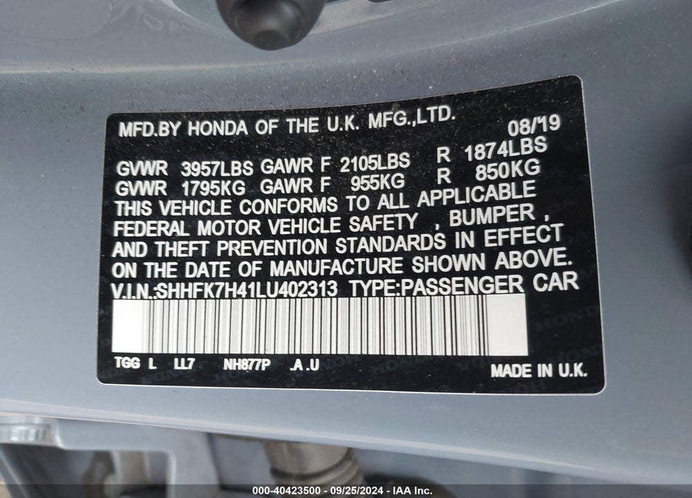 2020 HONDA CIVIC SPORT VIN: SHHFK7H41LU402313