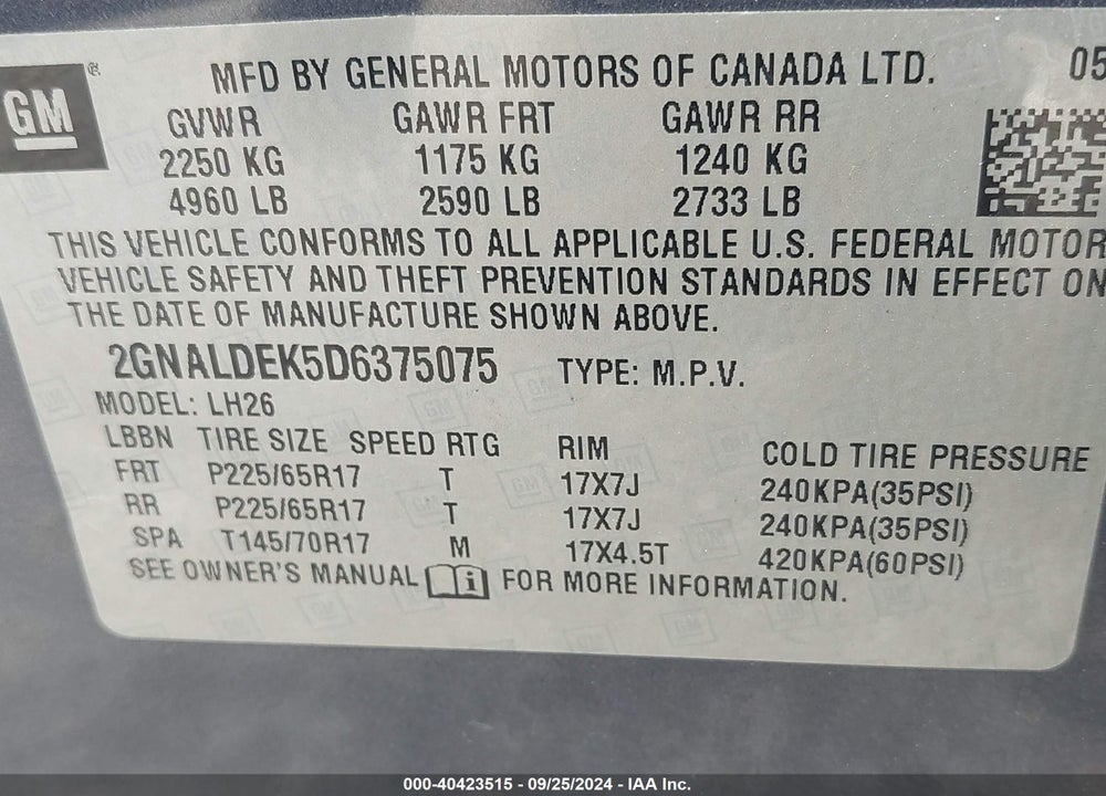 2013 CHEVROLET EQUINOX 1LT VIN: 2GNALDEK5D6375075