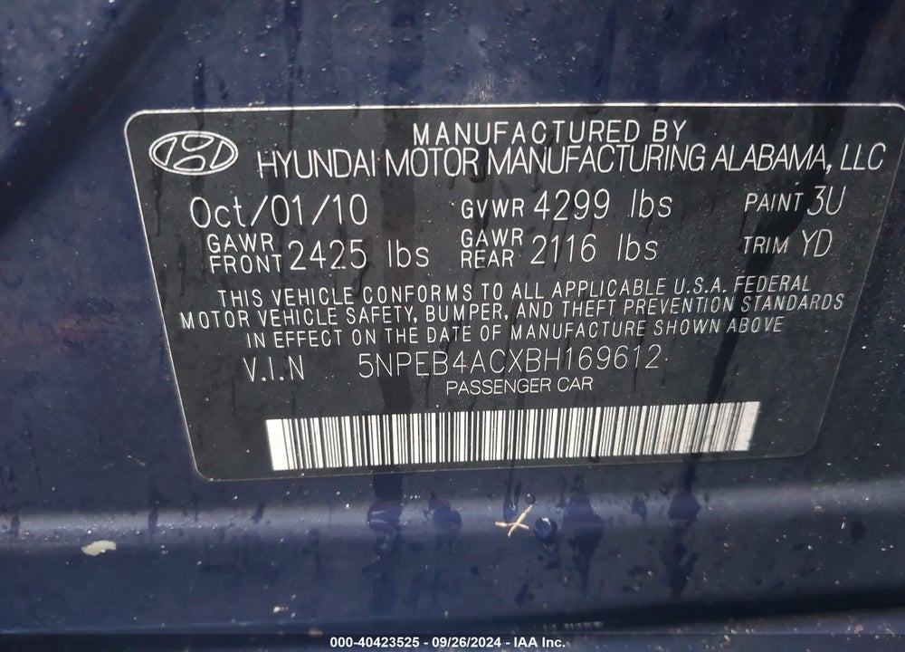 2011 HYUNDAI SONATA GLS VIN: 5NPEB4ACXBH169612