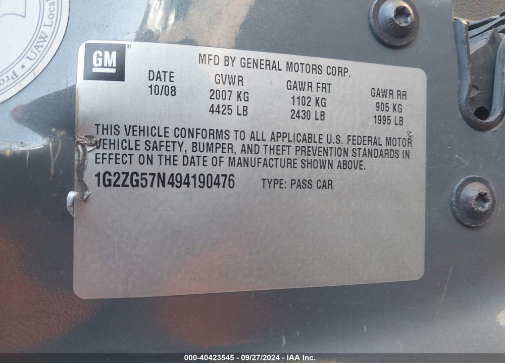 2009 PONTIAC G6 VIN: 1G2ZG57N494190476