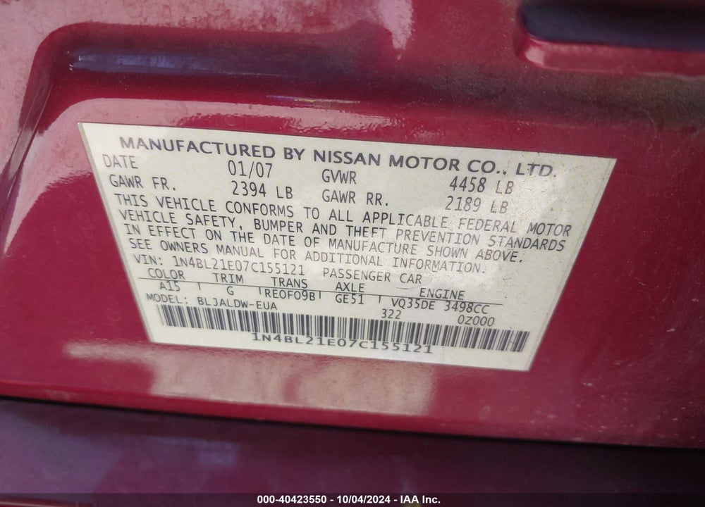 2007 NISSAN ALTIMA 3.5 SE VIN: 1N4BL21E07C155121