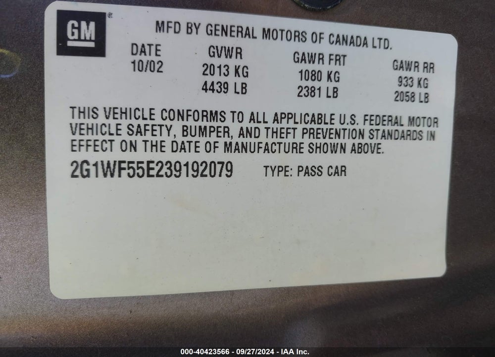 2003 CHEVROLET IMPALA VIN: 2G1WF55E239192079