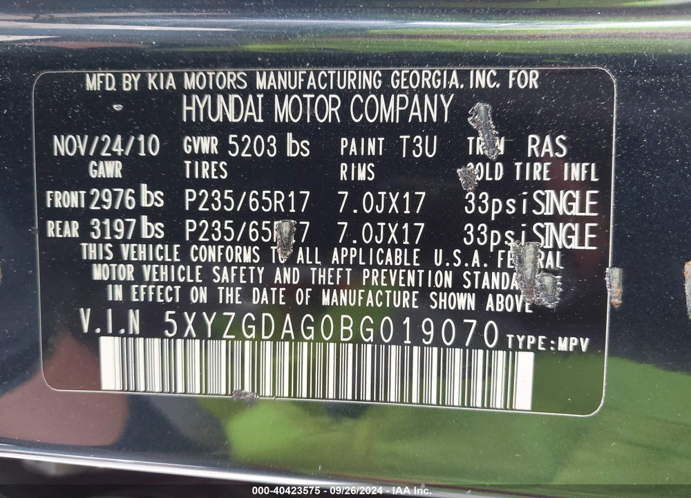 2011 HYUNDAI SANTA FE GLS V6 VIN: 5XYZGDAG0BG019070