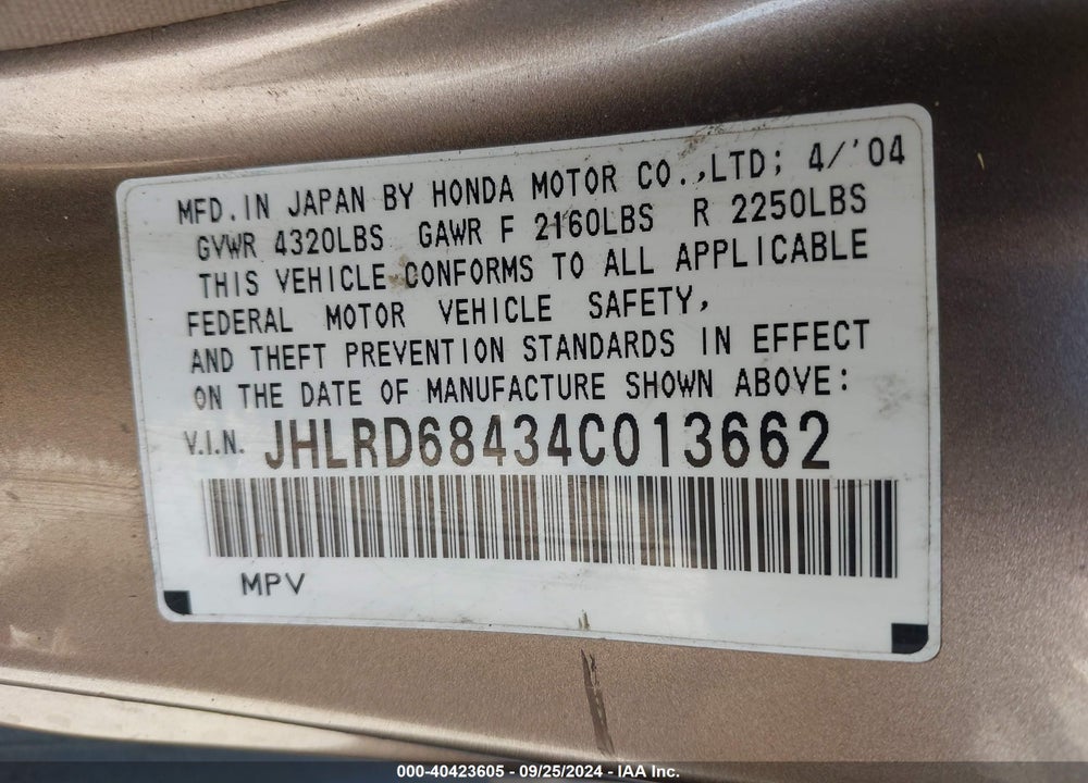 2004 HONDA CR-V LX VIN: JHLRD68434C013662