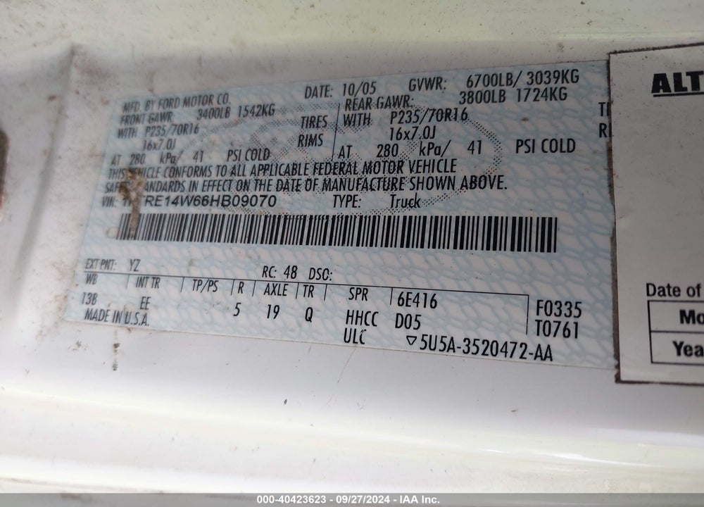 2006 FORD E-150 COMMERCIAL/RECREATIONAL VIN: 1FTRE14W66HB09070
